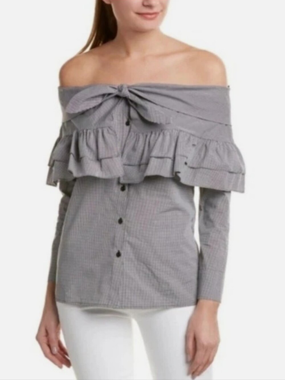 Petersyn By Revolve  Off-Shoulder Ruffle Button-Front Top - Black/White